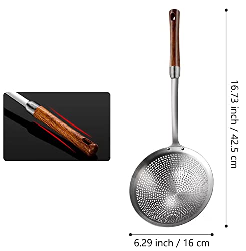 Hojkma Strainer Skimmer Ladle, 304 Stainless Steel Skimmer Spoon Deepen Spider Strainer Kitchen Cooking Colander Spoon Utensil With Wooden Long Handle For Cooking, Draining, Frying, 16.73 Inch #TOP2