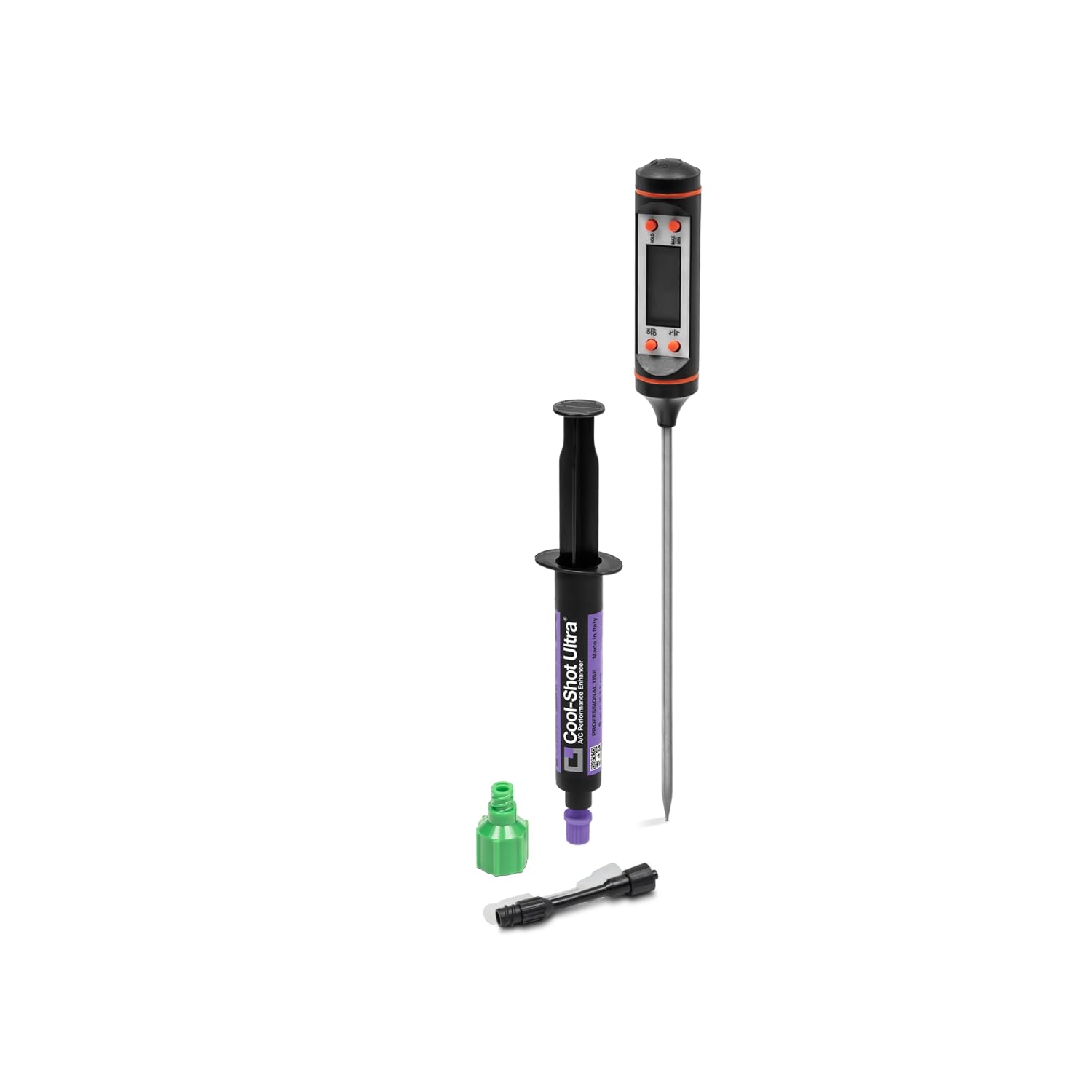 ERRECOM Cool-Shot Ultra Ripristina Efficienza Originale del Climatizzatore, Aria più Fredda, Include Termometro per Verifica Temperatura Prima e Dopo, Siringa 6mL +Adattatore 5/16 SAE (per R410a,R32)
