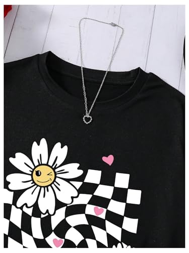 SweatyRocks Girl's Floral Checkered Graphic Tees Short Sleeve Crew Neck Casual T Shirts3