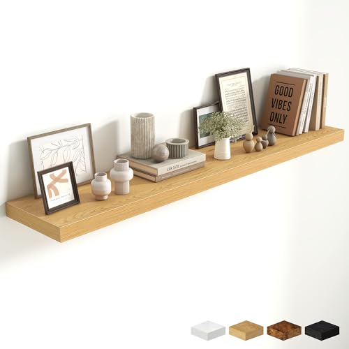 Fun Memories 55 Inch Fireplace Mantel Shelf, 10 Inch Deep Shelves for Display & Wall Storage, Rustic Wood Wall Shelf, Extra Long Floating Shelves for Living Room Laundry Room, Oak, Set of 1