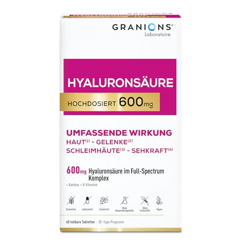 Hyaluron Kapseln hochdosiert 600 mg – Biotin, Niacinamid & Vitamin-B-Komplex – Anti-Falten & Haut-Hydratation – Unterstützt Kollagenproduktion – Hyaluronsäure – Alternative Hyaluron Serum - GRANIONS