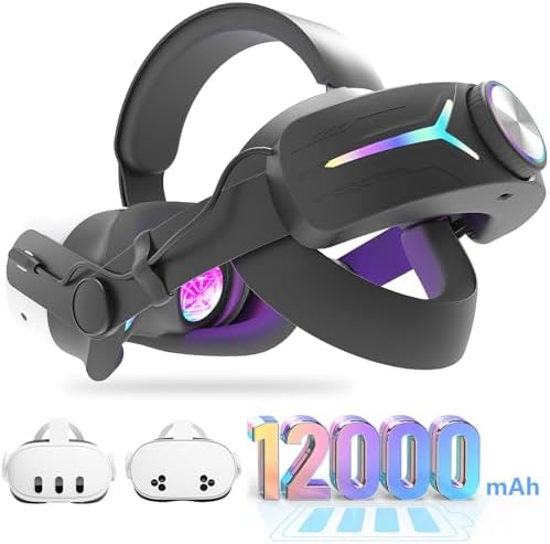 12000mAh Fast-Charging Battery Head Strap for Meta Quest 3/3S – Extends 6-8 Hours Playtime, RGB Lighting & Comfortable Fit – Elite Replacement Strap with Balanced Weight_Black