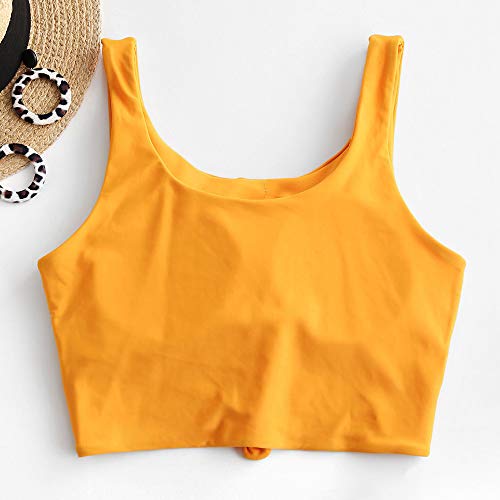 ZAFUL Women\'s Knotted Front Bikini Tops Crop Tank Top, Scoop Neck Padded Swimsuit Tops (Bee Yellow-Top Only, S)