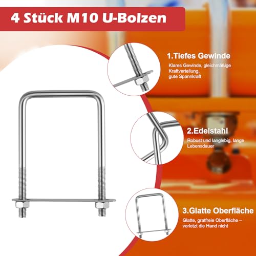 4 Stück Bügelschraube 80x150mm, M10 U Bügel mit Gewinde, Zurrbügel mit Mutter Rahmen und Gegenplatte, 304 Edelstahl U Bolzen Bügelschelle für Rohr Befestigung Autos Schiffen Reparatur Abschleppen