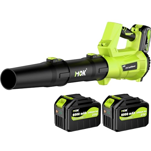 MOK Leaf Blower Cordless,560CFM/160MPH Brushless Motor Electric Cordless Leaf Blower with 2 x 21V 6.0Ah Battery and Charger, 3-Variable Speed, Blower for Lawn Care, Patio Cleaning