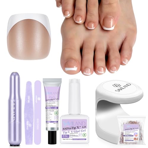 Image of SAVILAND Gel Toe Nail Kit: 18 Sizes Nude Press-On Toenails for Women with Drill, 216 Nude Toe Nail Press Ons, U V Lamp and Nail Glue Gels, Gel Nail X Kit Tools for Manicure Gift
