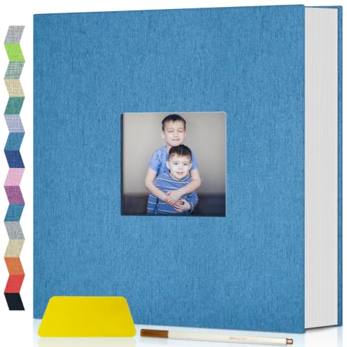 Popotop Photo Album Self Adhesive with Picture Display Window,40 Pages DIY Scrapbooking Supplies Kit for 4x6 8x10 Picture,Linen Cover Memory Book for Baby Wedding, with Scraper and Metallic Pen
