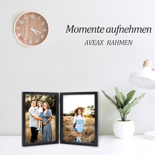 AVEAX Doppelter 10 x 15 Bilderrahmen Klappbarer Bilderrahmen aus Holz mit Glasfrontständer vertikal auf dem Desktop, schwarz (Packung mit 2) – Ansicht 5