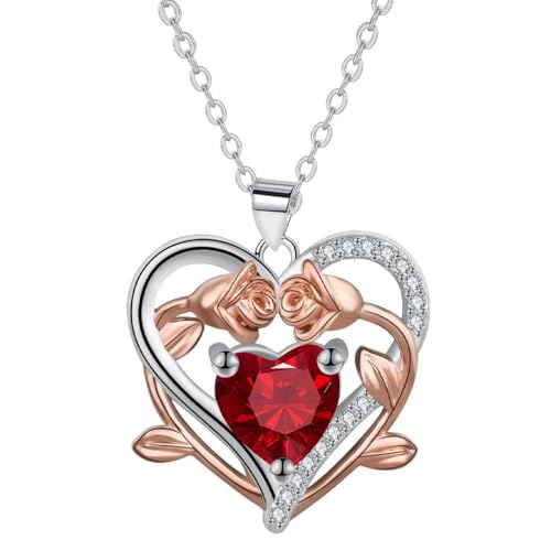 Rose Heart Necklace for Women - Romantic Copper Floral Pendant Je...