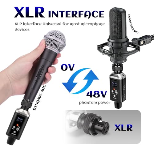 Sistema inalámbrico de micrófono UHF: 1 transmisor y 2 receptores, con ganancia de audio integrada y conmutación de alimentación fantasma 48V/0V. Compatible con micrófonos dinámicos y de condensador. miniatura 5