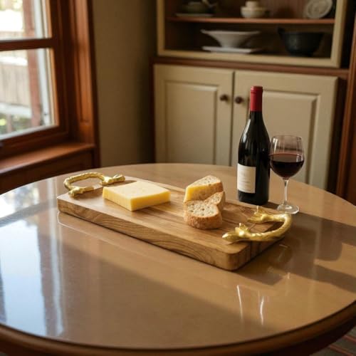 Image of Handcrafted Wooden Serving Tray with Gold Handles | Rustic Cheese Platter Board | Decorative Kitchen & Coffee Table Server | Wooden Snack Tray for Home & Gifting (Rassi Handle Tray)