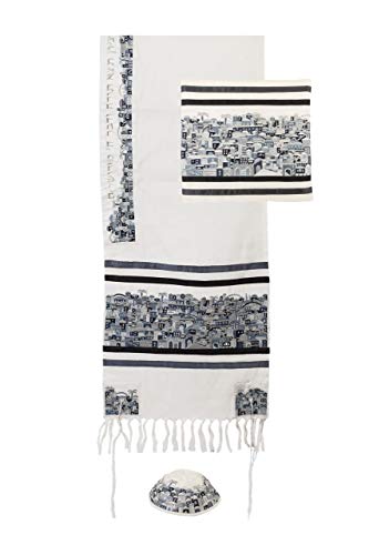 Kosher Tallit Prayer Shawl for Men - Embroidered Jerusalem Design 20