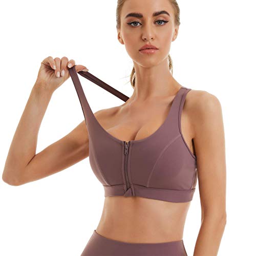 Angabriel Women's Zip Front Sports Bra,High Impact Workout Yoga Bra Racerback Bra With Removable Pads (Purple, M) #TOP2
