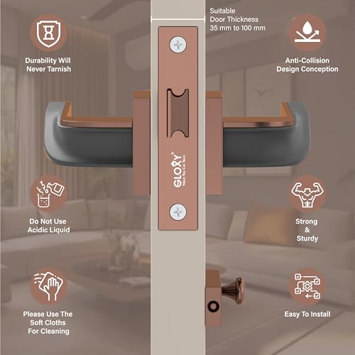 Image of GLOXY Premium Door Lock for Bathroom - Rose Gold & Black Finish Bathroom Lock with Brass Baby Latch for Home - Heavy Duty Mortise Door Lock with Keyless Plate Handle Set with 2 Years Warranty
