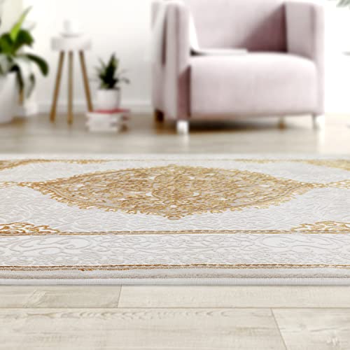 Antep Rugs Babil Gold 5X7 Oriental Bordered High Low Textured Traditional Indoor Area Rug, Beige Gold, 5'3" X 7' #TOP5