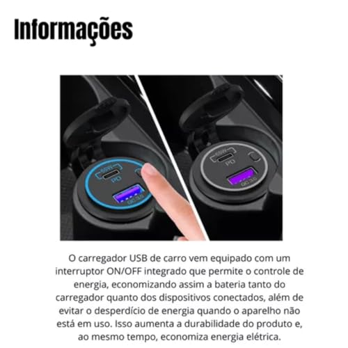 Tomada de carregamento rápido USB dupla 3.0 porta e PD USB C carregador de carro, tomada USB 12V com