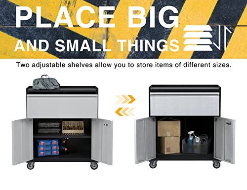 Reemoon Metal Garage Storage Cabinet With Wheels, Rolling Tool Chests & Cabinets With Locking Doors And Shelves, 1 Drawer, Black & Gray #TOP4