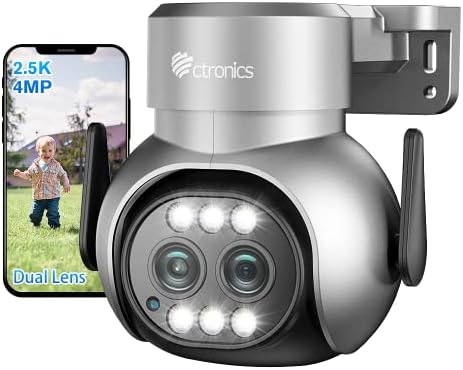 Ctronics 2.5K 4MP Dual Lens Security Camera Outdoor Wired, 2.4/5GHz WiFi Camera with 6X Hybrid Zoom, 360° PTZ Surveillance IP Camera, Auto Tracking, Motion/Person Detection, Color Night Vision, IP66