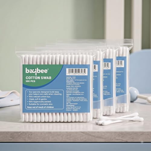 Image of Baybee 400 Pcs Baby Cotton Swab Ear Buds Cleaner, Made of Biodegradable Material, Safe & Hygienic for Babies | Soft Cotton Buds, Ear Cleaning Buds | Ear Buds Cleaner for Babies Kids Adults (Pack of 4)