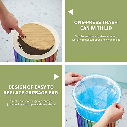 Image of Small Trash Can with Lid for Bathroom Kitchen Office Diaper Colorful Wooden Rainbow Color Bedroom Garbage Trash Bin Dog Proof Waste Basket Cute Decorative