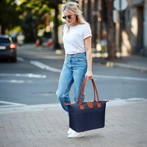 Image of Tote Bag for Women, Casual Hobo Bag Vegan Leather Top-Handle Purse Foldable Shoulder Nylon Zipper Handbag