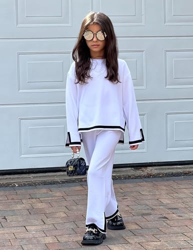 Image of Arshiner Girl's 2 Piece Outfits Long Sleeve Knit Pullover Sweater Tops Wide Leg Pants Casual Fall Sets Tracksuits