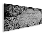 Leinwandbild Stein mit Weisheitsspruch, sanft umgeben von kleinen Blüten Panorama 120x60cm Effekt: Schwarz&Weiß XXL Wandbild auf Keilrahmen/Kunstdruck/Bild Wohnzimmer Dekoration