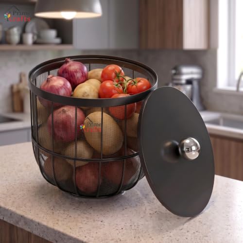Image of Decorative Net (Jaali) Design Fruit and Vegetables Basket with Natural Wooden Lid | Premium Insect Resistant Storage Organizer for Home and Kitchen - Black