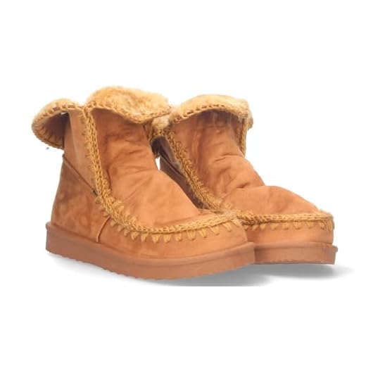 78873-Botin Plano para Mujer, Estilo Australiano, Material Aterciopelado, Forrado de Pelo, de Punta Redonda.. Talla 38 Camel