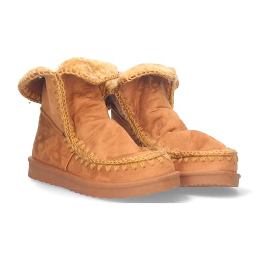 78873 Botin Plano para Mujer, Estilo Australiano, Material Aterciopelado, Forrado de Pelo, de Punta Redonda. Camel Talla 38