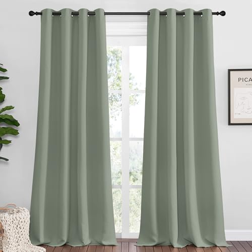NICETOWN Sage Green Blackout Curtains Panels for Bedroom 2 Panels 52 x 92 Inch 3 Pass Microfiber Noise Reducing Thermal Insulated Solid Ring Top Blackout Window Drapes