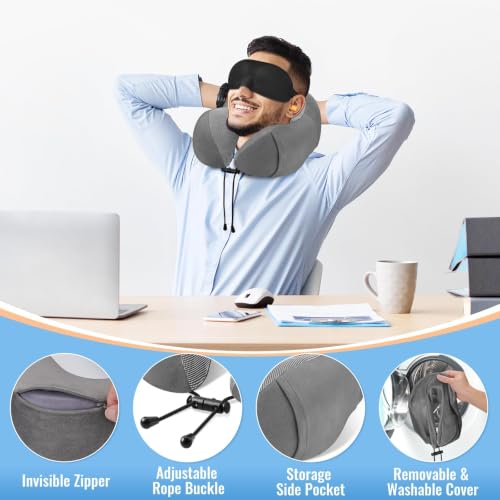 Image of CloudBliss Travel Pillows for Airplane, Memory Foam Neck Pillows for Travel, Compact Neck Pillow for Long Flight, Car & Office, Plane Accessories with Eye Mask, Earplugs, Carry Bag, Black & Dark Grey