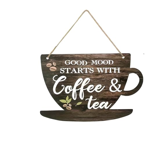 Dewocke Vintage Coffee & Tea Wooden Sign, 19x29cm Hanging Plaque for Coffee Shop, Wall Art for Kitchen and Home Décor