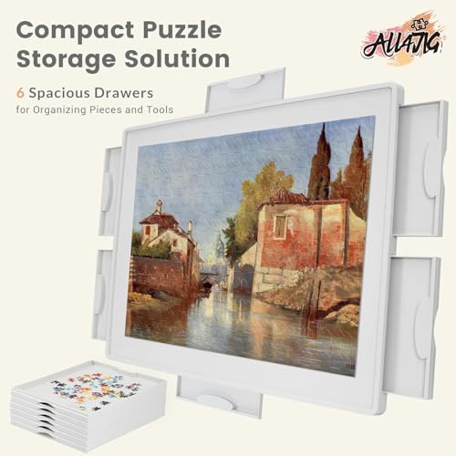 Image of ALL4JIG 1000 Pieces Lightweight Rotating Plastic Puzzle Board with 6 Drawers and Cover, 360 Lazy Susan Design, 30.2 inch*22.44 inch Portable Spinning Puzzle Table for Adults, Surface for Lego Building