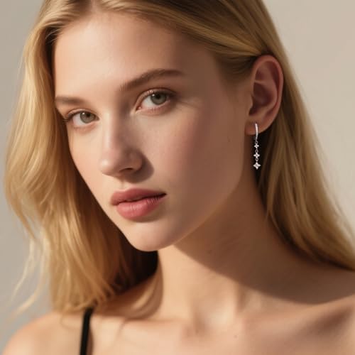 Reffeer Solid 925 Sterling Silver CZ Star Chain Dangle Earrings for Women Teen Girls Chain Drop Hoop Earrings2