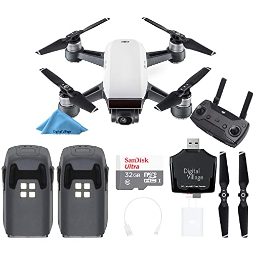 DJI Spark Drone (Alpine White) with Remote Controller, 2 Batteries, Sandisk Ultra 32GB Memory, Card Reader Bundle Starter Kit