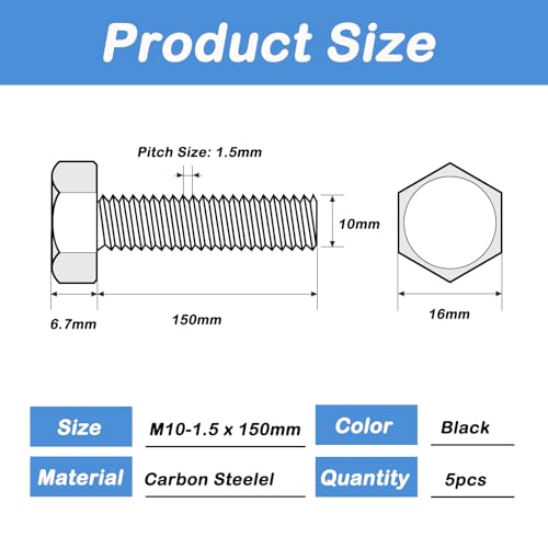 Image of 5 PCS M10x1.5 Hex Bolts M10-1.5 x 150mm Hex Head Screw Bolts, Carbon Steel Grade 8.8, M10 Hexagon Head Bolts, Metric Thread, Black Oxide Finish, Full Thread