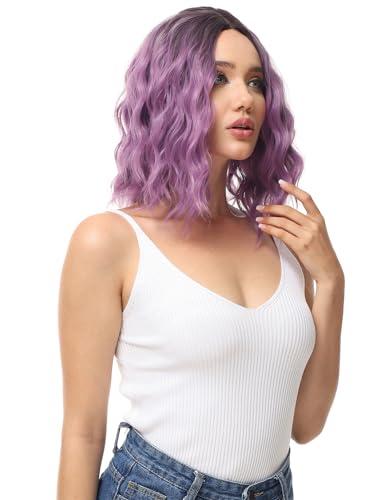 Image of Rose bud Wavy Bob Wig Natural Wig Ombre Purple Synthetic Hair Shoulder Length Short Curly Middle Part Lace Front Wigs for Women