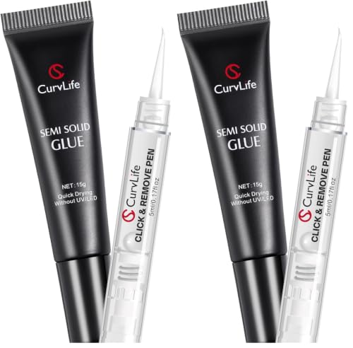 Curvlife 15g Semi Solid Nail Glue Gel with 5ml 3 in 1Nail Glue Remover, No Need for Uv Light, Gel for Press On Nails, Click&Remove Pen Design (Pack of 2)