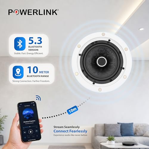 Image of Powerlink Bluetooth Ceiling Speaker 9 inch (Master) Wireless 40W - Frameless Flush Mount Design, Built-in Amplifier, Magnetic Detachable Grill, 2-Way Stereo Sound Ideal for Home,Office, Gym & Kitchen.