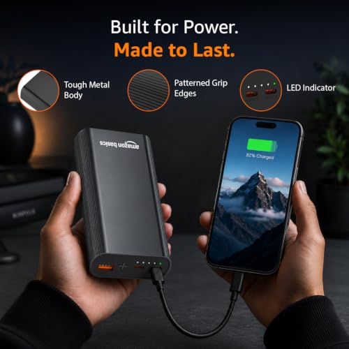 Image of Amazon Basics 20000 mAh Power Bank, 35W Fast Charging PD3.0, Output (2 Type C & 1 USB), for iPhone, Android, Tablets & Other Devices, Slim Metal Body, Flight Friendly, Type C Cable (Black)