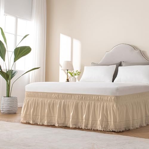 MIYE Wrap Around Ruffled Lace Bed Skirt, Elastic Dust Ruffle with Adjustable Belts, Easy to Put On, Bed Frame Cover, Machine Washable (Tassel Ruffle/Beige, King/Queen-12.5" Drop)