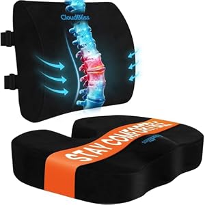 CloudBliss Seat Cushion,Office Chair Cushion,Car Seat Cushions,Lumbar Support Pillow for Office Chair,Back Support Memory Foam Pillow Coccyx Cushions for Tailbone Pain,Sciatica Back Pain Relief Black