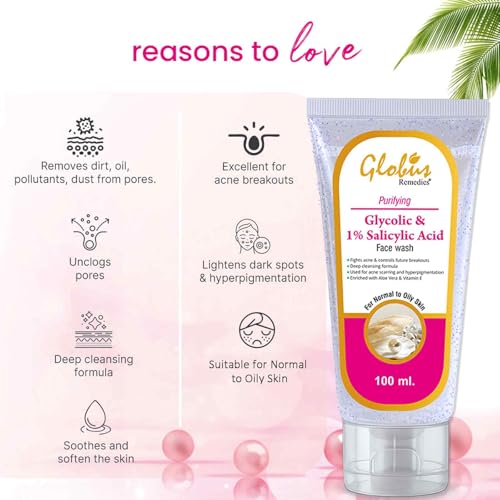 Image of Globus Remedies Glycolic & 1% Salicylic Acid Face wash For Acne Control - 100 ml