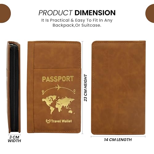 Image of Storite RFID Blocking PU Leather Passport Holder, 23x14x3 Cm Brown | Cover Case, Travel Wallet, Document Organiser, Removable Hand Strap, For Men & Women