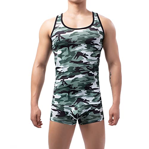 Sexy Men's Boxer Shorts Camouflage Low Rise Boxer Camouflage Undershirt Vest Tank Top Gym Sleeveless Shirts set