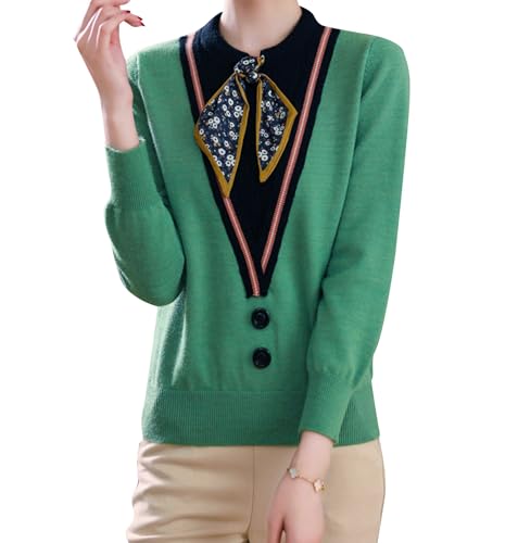 Image of LAI MENG FIVE CATS Women's Fall Tie Neck Sweater Shirt Long Sleeve Patchwork Knit Retro Pullover Tops