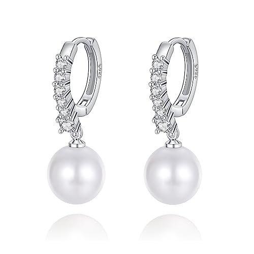Pearl Earrings for Women 925 Sterling Silver White Gold Pearl Drop Earrings Dangle Cubic Zirconia Large Size 12mm 10mm for Mother (Silver, 10mm)