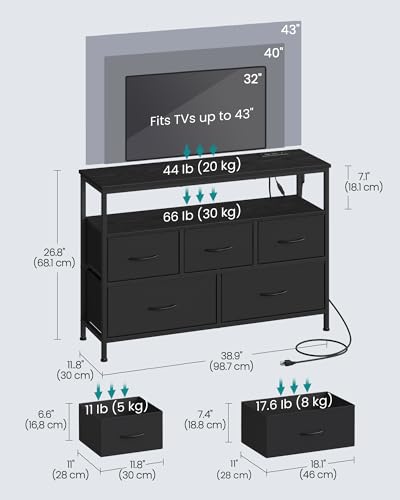 Image of SONGMICS BELLAH Collection - Dresser for Bedroom with App-Controlled LED Lights and Charging Station, Chest of Drawers, TV Stand, 5 Drawers, Shelf, Modern, Ink Black ULGS723BH02S