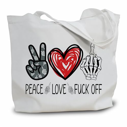 Nuckxy Canvas Tote Bag For Woman, Peace Love Fuck Off, Aesthetic Funny Reusable Grocery Bags, Beach Bag,Shopping Bags, Large Shoulder Bag, Gift For Woman- A22